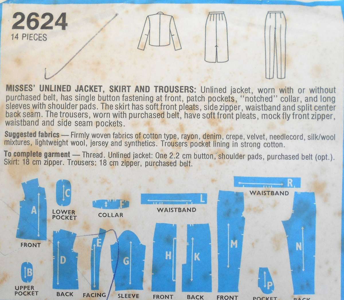 STYLE 2624 UNLINED JACKET-SKIRT-PANTS SIZE 10 BUST 83 CM COMPLETE