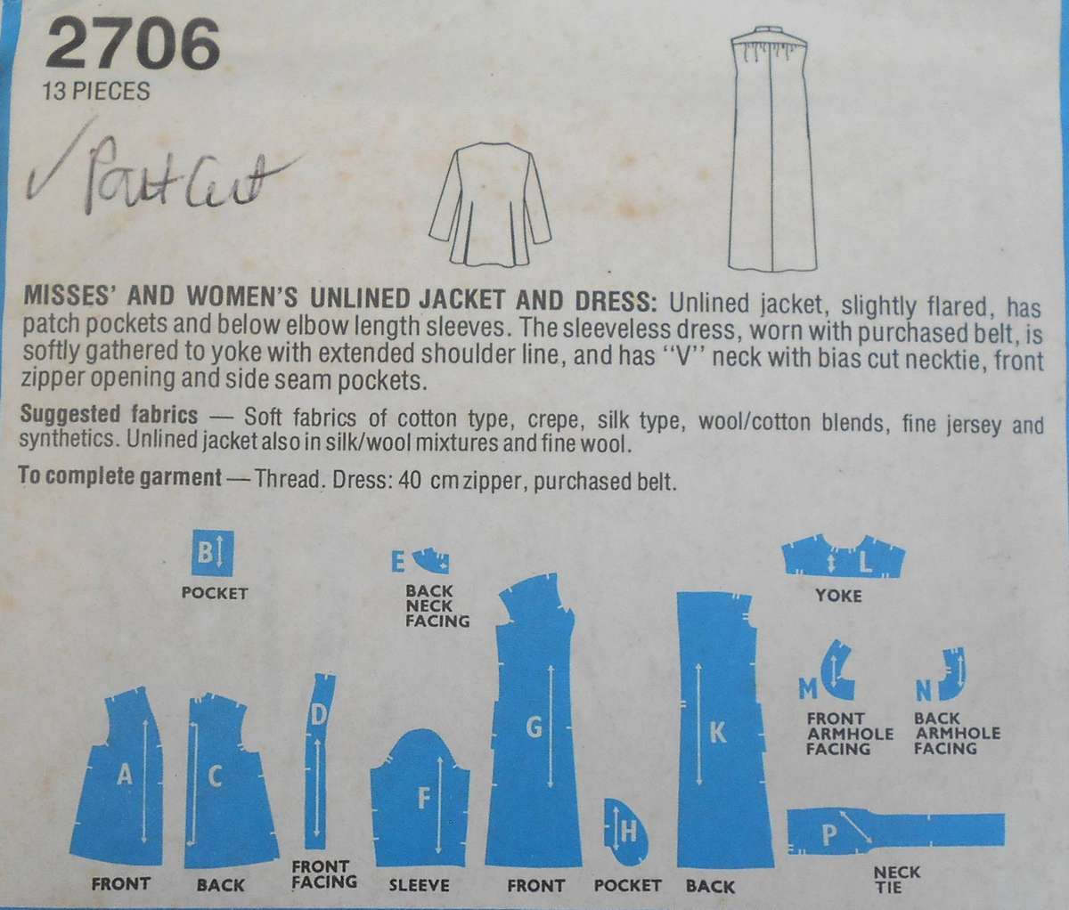 STYLE 2706 UNLINED JACKET & DRESS SIZE 14 BUST 92 CM COMPLETE-PART CUT