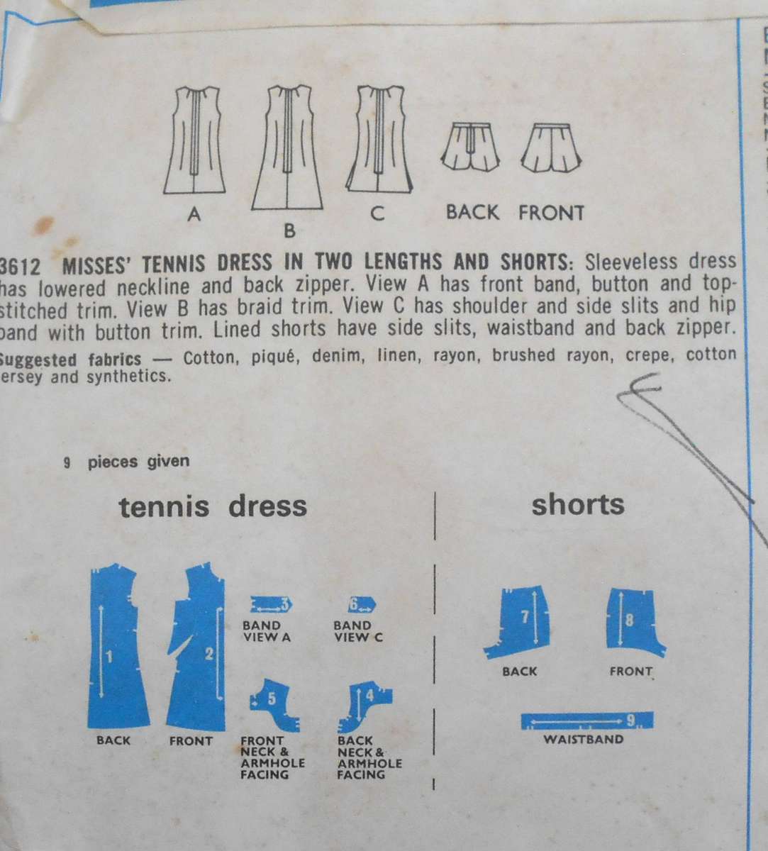 STYLE 3612 TENNIS DRESS & SHORTS SIZE 14 BUST 36"/92 CM COMPLETE
