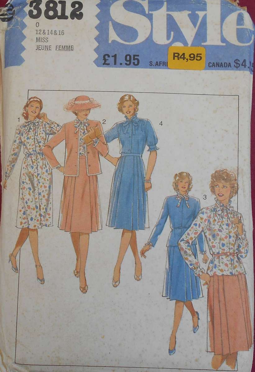 STYLE 3812 FRONT BUTTON DRESS-BLOUSE-LINED JACKET & SKIRT SIZE 12-14-16 COMPLETE-CUT TO 16