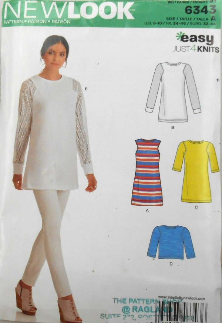 NEW LOOK PATTERNS 6343 DRESS-TUNIC-TOP SIZE 6-18 COMPLETE-CUT TO 18-ZIPLOC