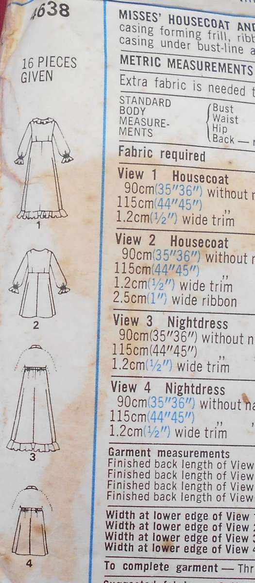 STYLE 4638 HALTER NECK NIGHTGOWN-HOUSECOAT SIZE 12 BUST 34"BODICE FRONT VIEW 1 & 2 NOT SUPPLIED