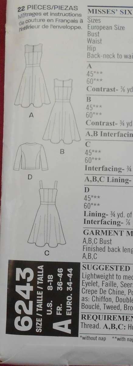 NEW LOOK PATTERNS 6243 FITTED DRESS & BOLERO JACKET SIZES 8-18 COMPLETE UNCUT-F/FOLDED