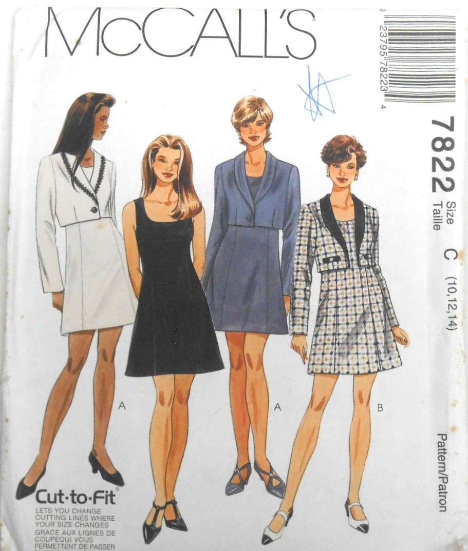 McCALLS 7822 LINED OR UNLINED DRESS & BOLERO JACKET SIZE 10-12-14 COMPLETE-UNCUT-F/FOLDED