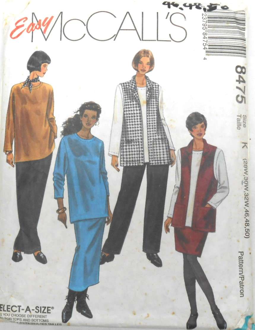 McCALLS 8475 WOMENS WAISTCOAT-TOP-PULLON PANTS-SKIRT SIZE 28W-30W-32W-46-48-50 COMPLETE-CUT TO 50