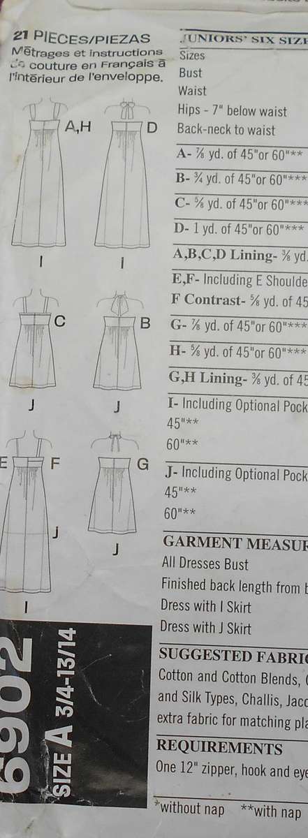 NEW LOOK 6902 JUNIOR SUMMER DRESSES-DIFFERENT NECKLINES SIZE 3/4-13/14 COMPLETE CUT TO 13/14