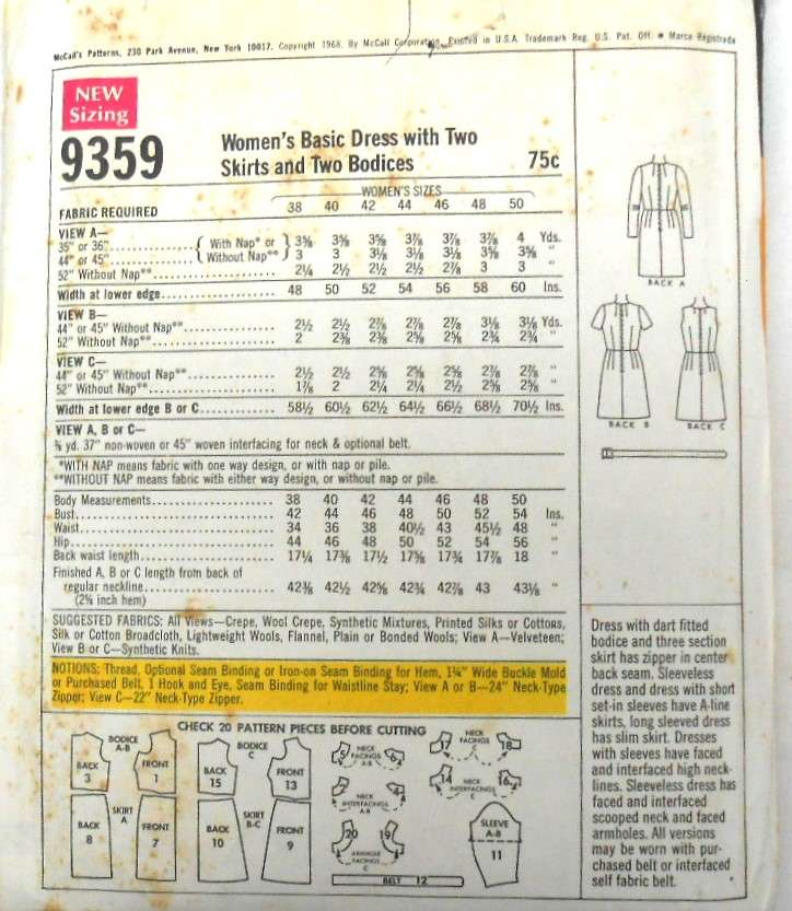 McCALLS 9359 WOMENS BASIC DRESS WITH  2 SKIRTS & 2 BODICES SIZE 50 BUST 54 COMPLETE