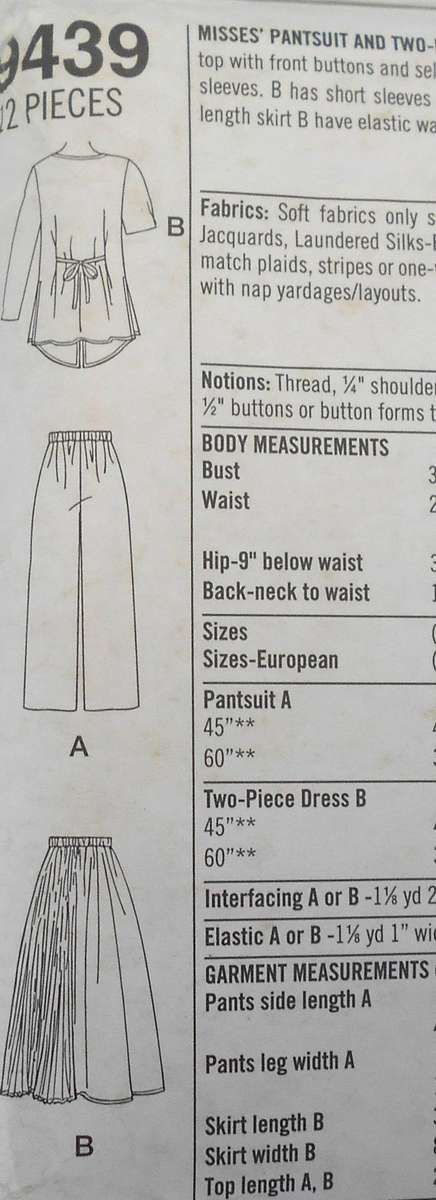 SIMPLICITY 9439 PANTS SUIT & TWO-PIECE DRESS SIZE 12-14-16 -COMPLETE-CUT TO 16 (BODICE WIDENED)