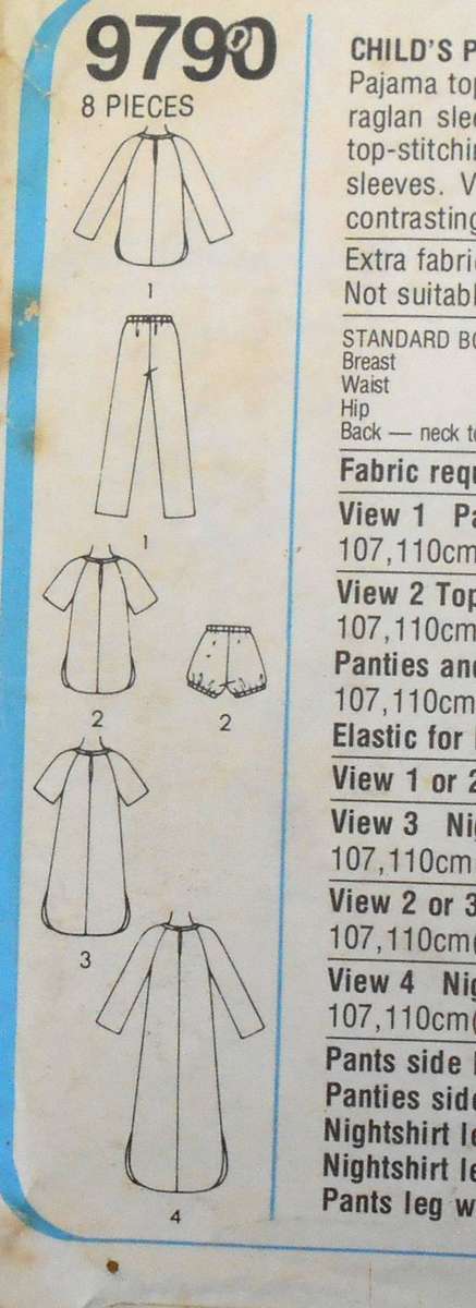 SIMPLICITY 9790 KIDS PULLOVER NIGHTSHIRT-PJS-BABYDOLLS SIZE 3 & 4 YEARS-COMPLETE