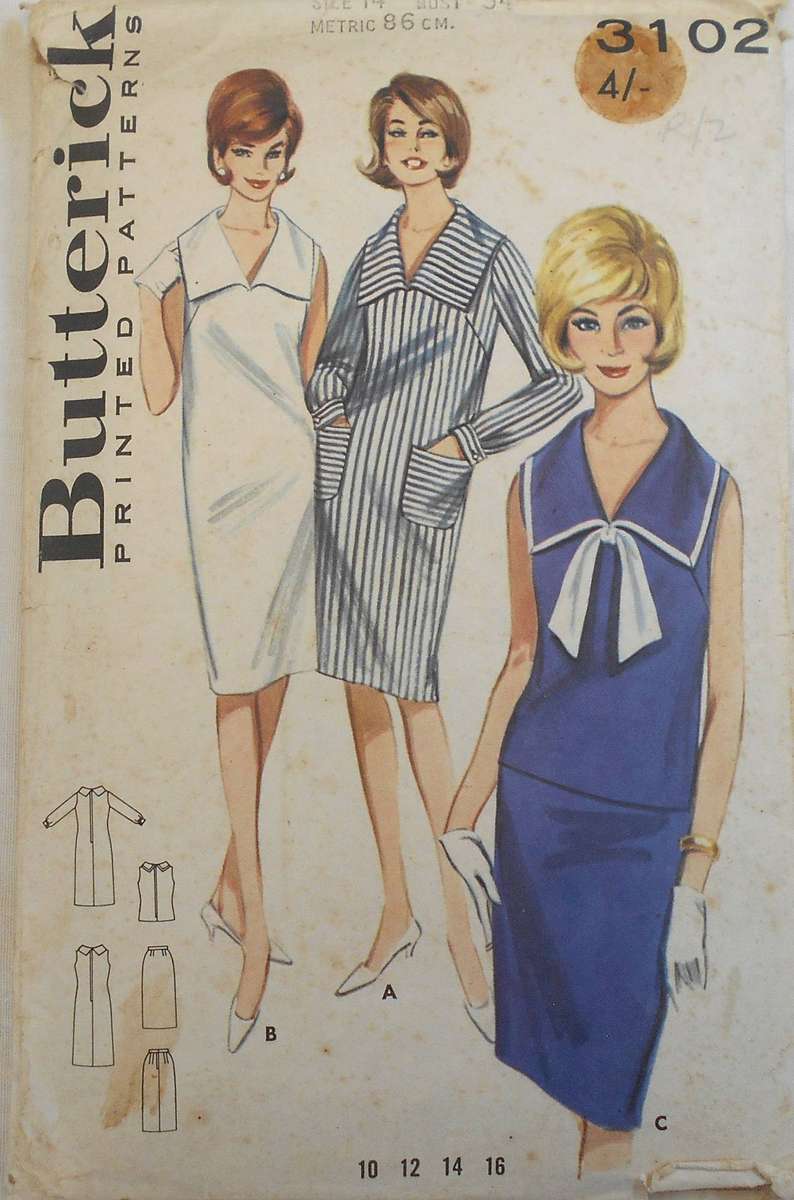 VINTAGE BUTTERICK 3102 ONE OR TWO-PIECE DRESS SIZE 14 BUST 34 CM COMPLETE