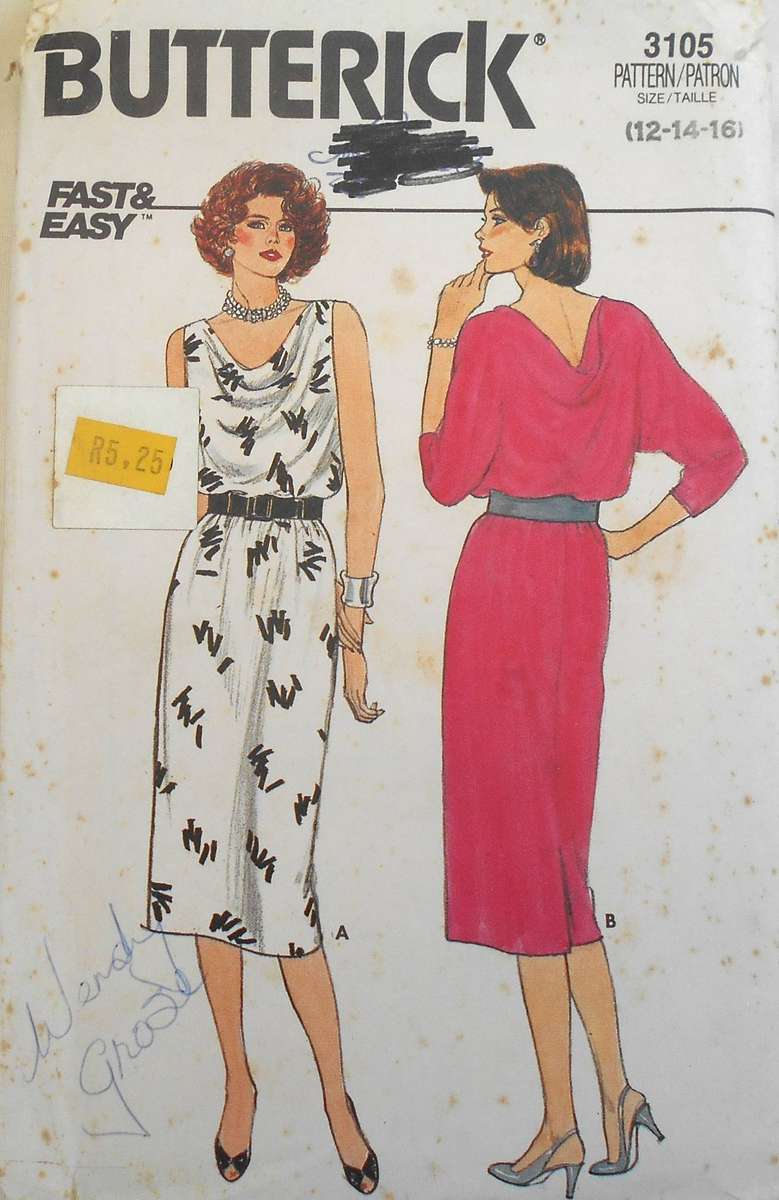 BUTTERICK 3105 PULLOVER DRESS WITH  COWL NECKLINE SIZE 12-14-16 COMPLETE-CUT TO 16
