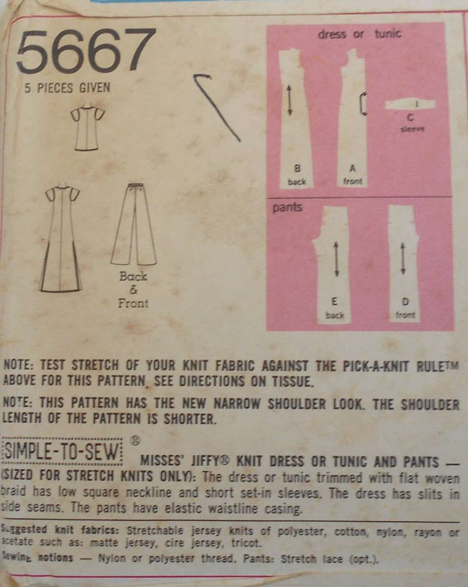 VINTAGE SIMPLICITY 5667 KNIT DRESS-TUNIC-PANTS SIZE 12 BUST 34 COMPLETE