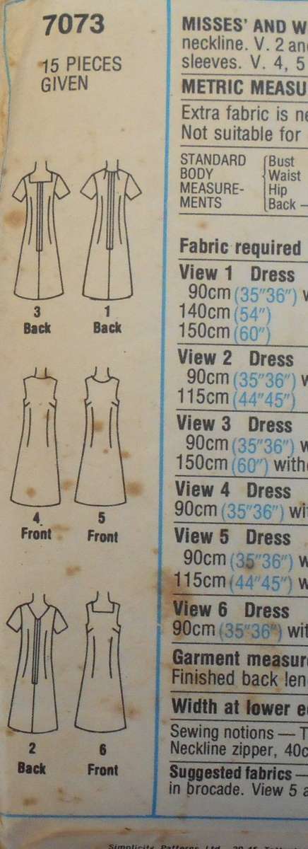 SIMPLICITY 7073 DRESS WITH THREE NECKLINES SIZE 18 BUST 102 CM COMPLETE