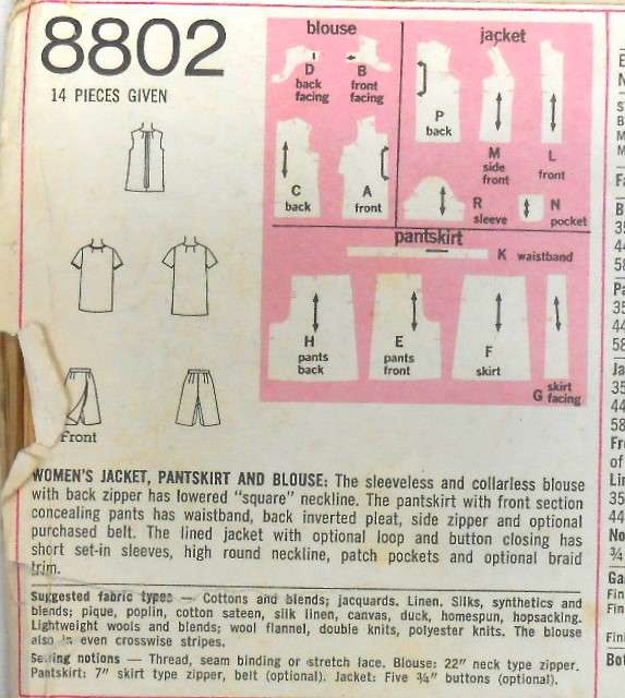 SIMPLICITY 8802 JACKET-PANTSKIRT-BLOUSE SIZE 46 BUST 50 COMPLETE-UNCUT-F/FOLDED