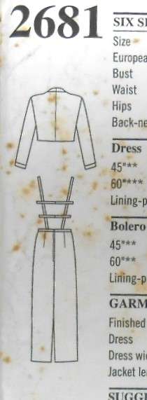 STYLE 2681 DRESS WITH BACK FEATURE & BOLERO SIZE 6-16 COMPLETE-UNCUT-F/FOLDED