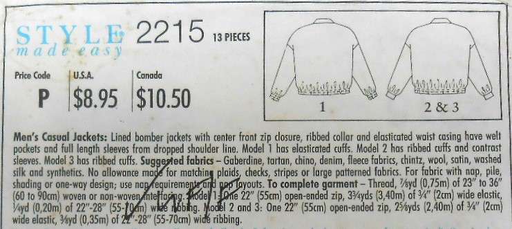 STYLE 2215 MENS CASUAL JACKETS SIZE 36-44 COMPLETE-UNCUT-F/FOLDED