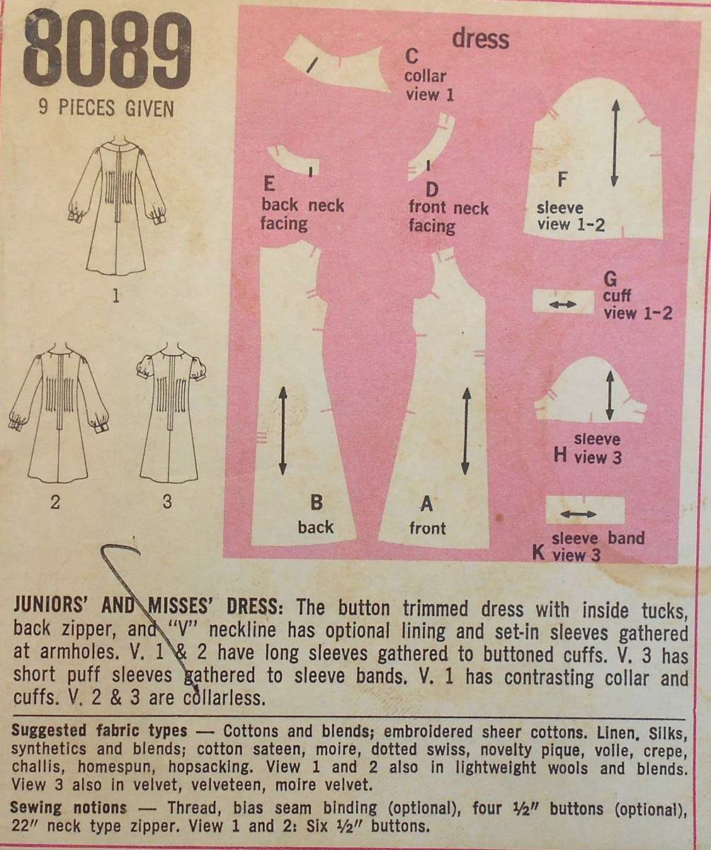 VINTAGE SIMPLICITY 8089 DRESS WITH TUCKS SIZE 12 BUST 34 COMPLETE