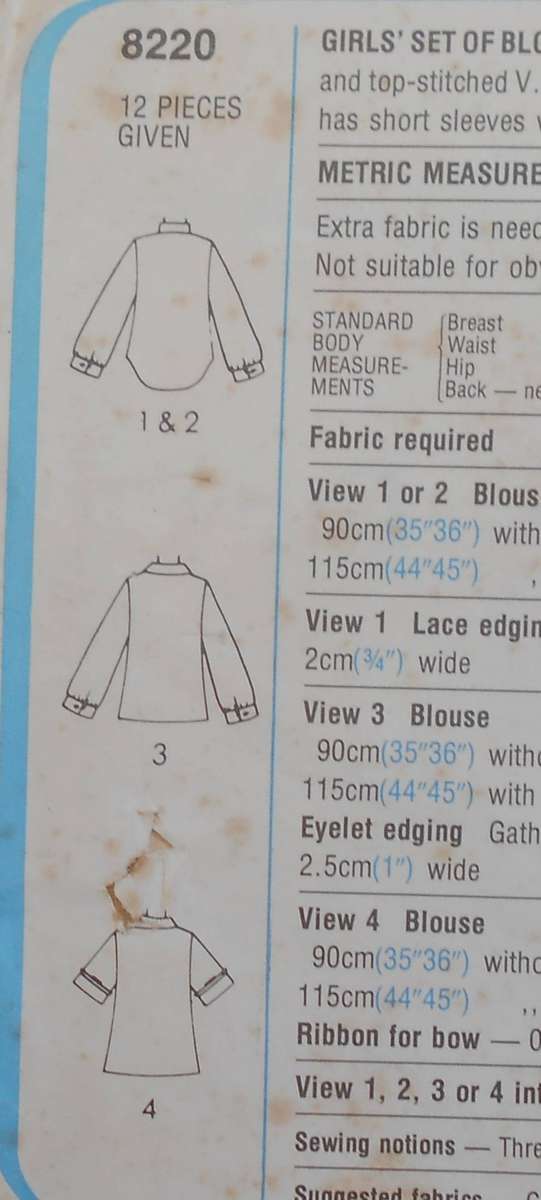 SIMPLICITY 8220 GIRLS SET OF BLOUSES SIZE 12 YEARS BREAST 76 CM COMPLETE
