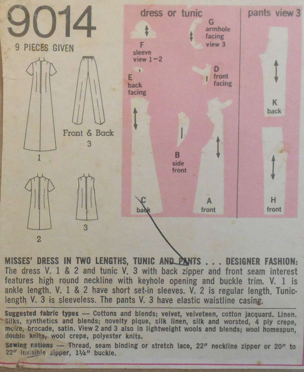 VINTAGE SIMPLICITY 9014 DRESS-TUNIC-PANTS SIZE 16 COMPLETE