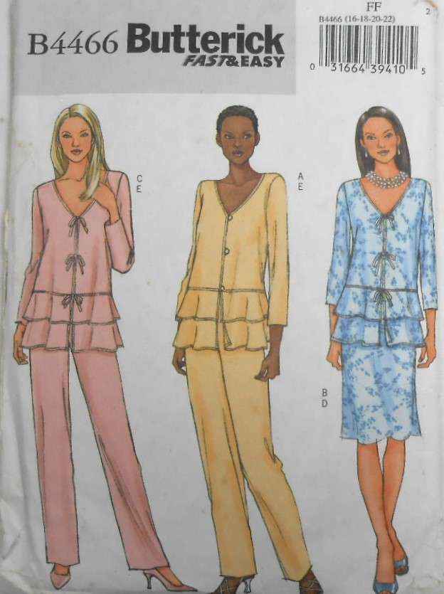 BUTTERICK B4466 TOP & SKIRT SIZE-16-18-20-22 NO PANTS PATTERN SUPPLIED-CUT TO 22