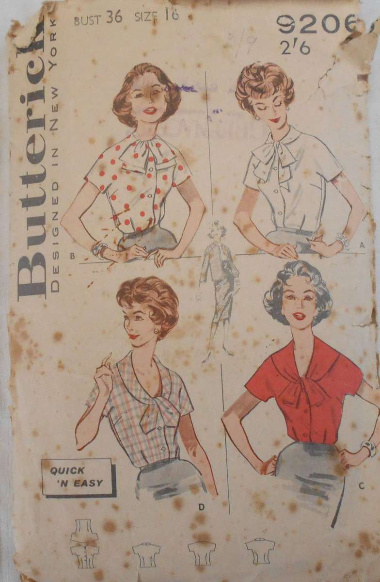 VINTAGE BUTTERICK 9206 BLOUSES WITH 4 NECK LINES SIZE 16 BUST 36 COMPLETE