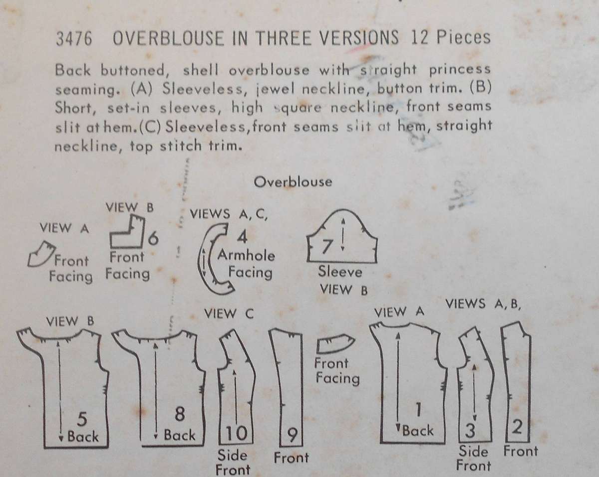 VINTAGE BUTTERICK 3476 OVERBLOUSE IN 3 VERSIONS SIZE 16 BUST 36 COMPLETE-UNCUT-F/FOLDED