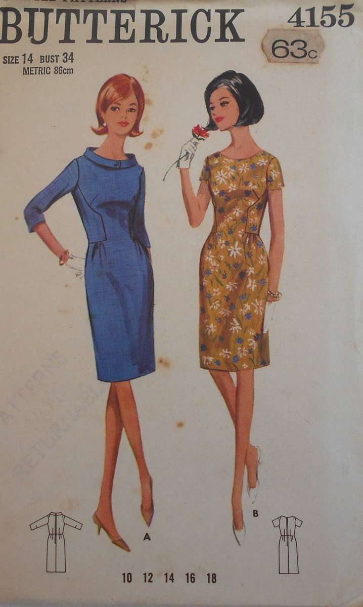 VINTAGE BUTTERICK 4155 ONE PIECE DRESS SIZE 14 BUST 34 COMPLETE