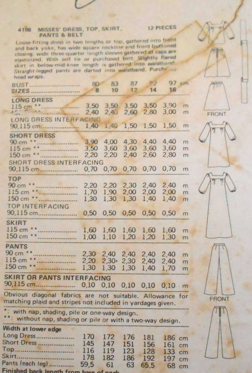 BUTTERICK 4198 DRESS-TOP-SKIRT-PANTS-BELT SIZE 8 COMPLETE