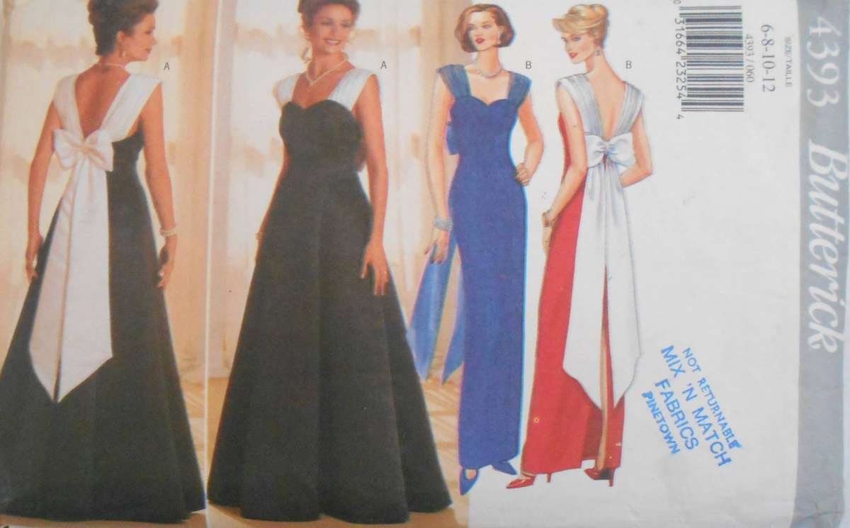 BUTTERICK 4393 STUNNING EVENING DRESS WITH BACK FEATURE & BOW SIZE 6-8-10-12 COMPLETE CUT TO 6-8