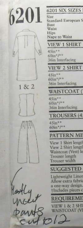 NEW LOOK PATTERNS 6210 LONG SHIRT/COAT-WAISTCOAT-PANTS SIZES 8-18 COMPLETE-MOSTLY UNCUT-PANTS CUT 12