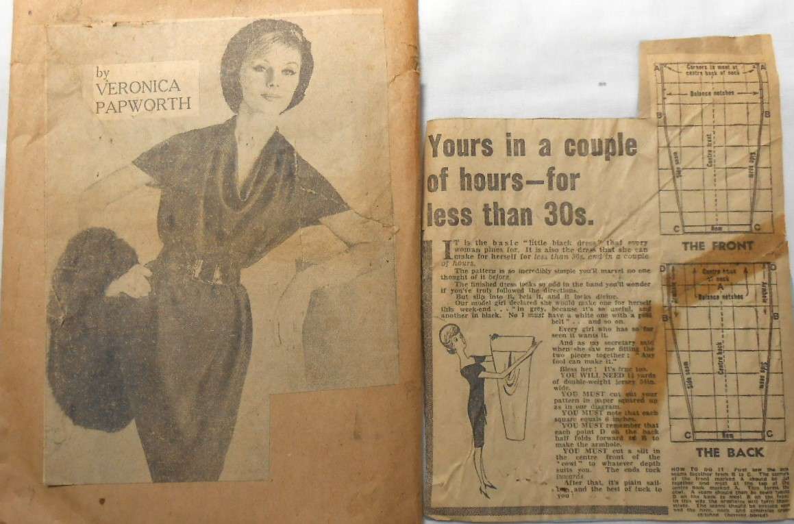 VERY VINTAGE NEWSPAPER 1958 DRESS PATTERN BY VERONICA PAPWORTH