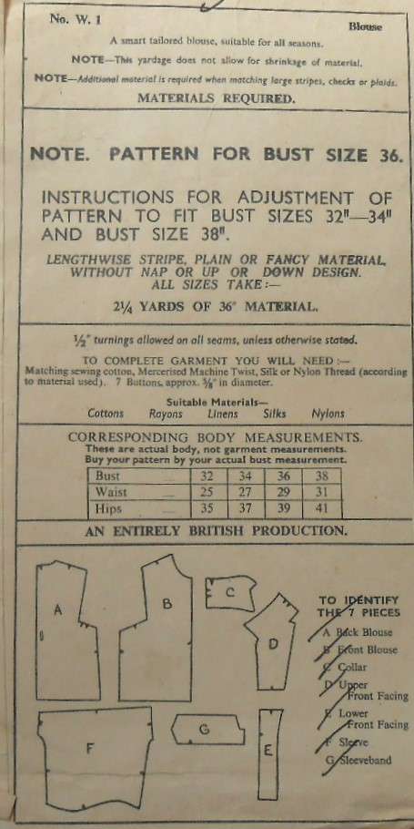 VERY VINTAGE "WOMAN" BLOUSE PATTERN No. W 1 SIZES 32-34 & 38" COMPLETE-ZIPLOC