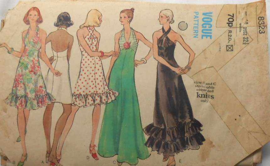 VINTAGE VOGUE 8323 HIGH FITTED HALTER EVENING DRESS SIZE 10 BUST 32 1/2 COMPLETE-ZIPLOC