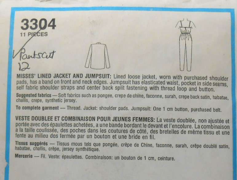 STYLE 3304 LINED JACKET & JUMPSUIT SIZE 10-12-14-16 COMPLETE-CUT TO 12
