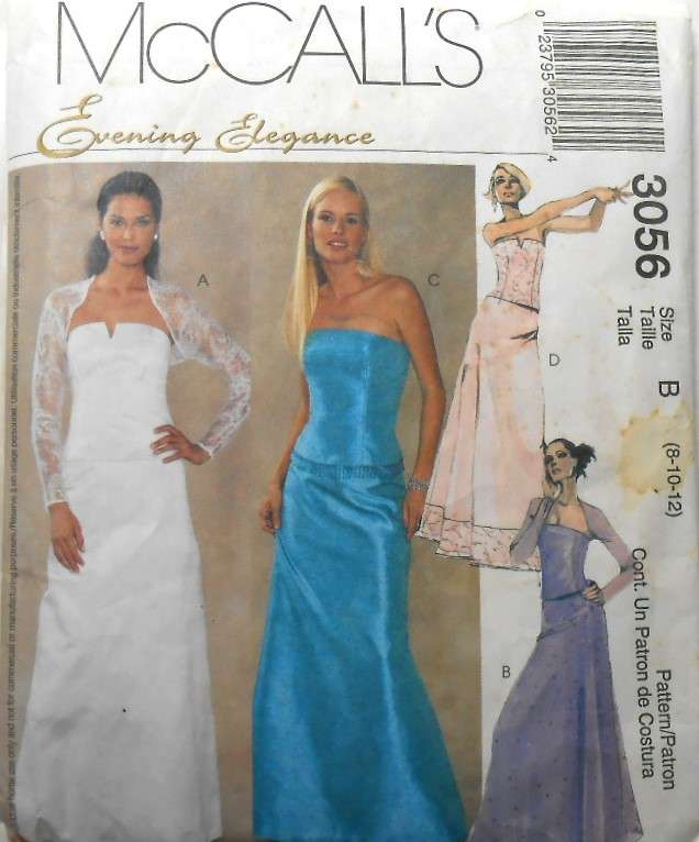 McCALLS 3056 EVENING ELEGANCE STUNNING SHRUG-BUSTIER-SKIRT SIZE 8-10-12 COMPLETE-CUT TO 12