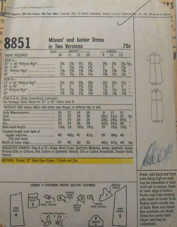 VINTAGE McCALLS 8851 DRESS IN 2 VERSIONS SIZE 10 BUST 31 COMPLETE-ZIPLOC