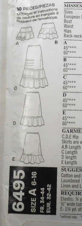 NEW LOOK PATTERNS 6495 SET OF SKIRTS WITH FRILLS SIZES 6-16-COMPLETE-CUT TO 16