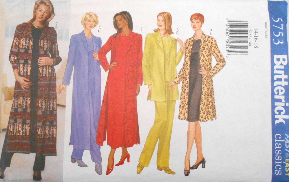 BUTTERICK 5753 JACKET-DUSTER-DRESS-TOP-PANTS SIZE 14-16-18 COMPLETE-UNCUT-F/FOLDED