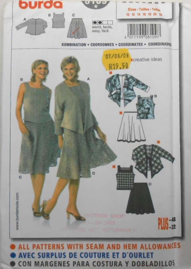 BURDA 8109 SKIRT-TOP-JACKET/TOP SIZE 10-22 COMPLETE-UNCUT-TF/FOLDED