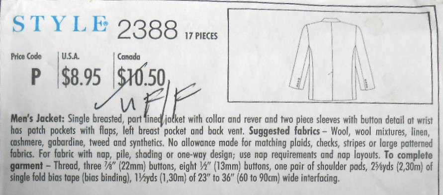 STYLE 2388 MENS JACKET SIZES SM-XL (34-48) COMPLETE-UNCUT-F/FOLDED