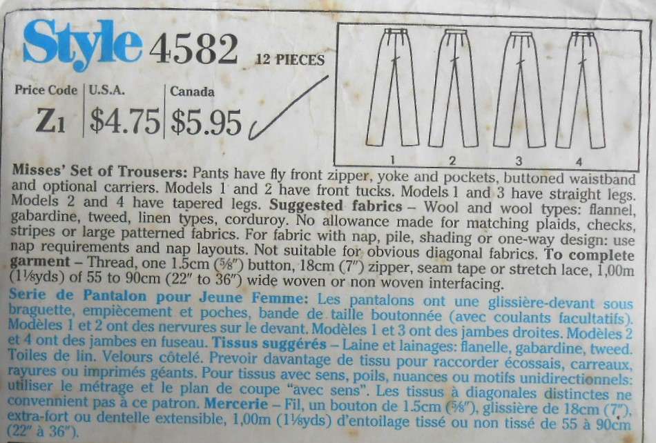 STYLE 4582 SET OF PANTS SIZE 16 WAIST 76CM- COMPLETE