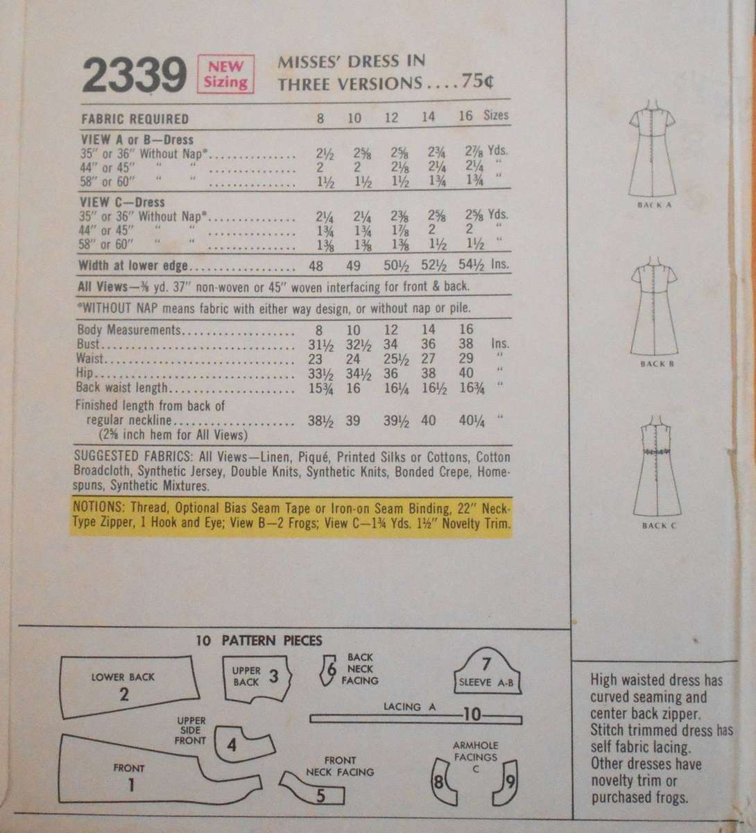 VINTAGE McCALLS 2339 DRESS IN 3 VERSIONS SIZE 14 BUST 36 COMPLETE