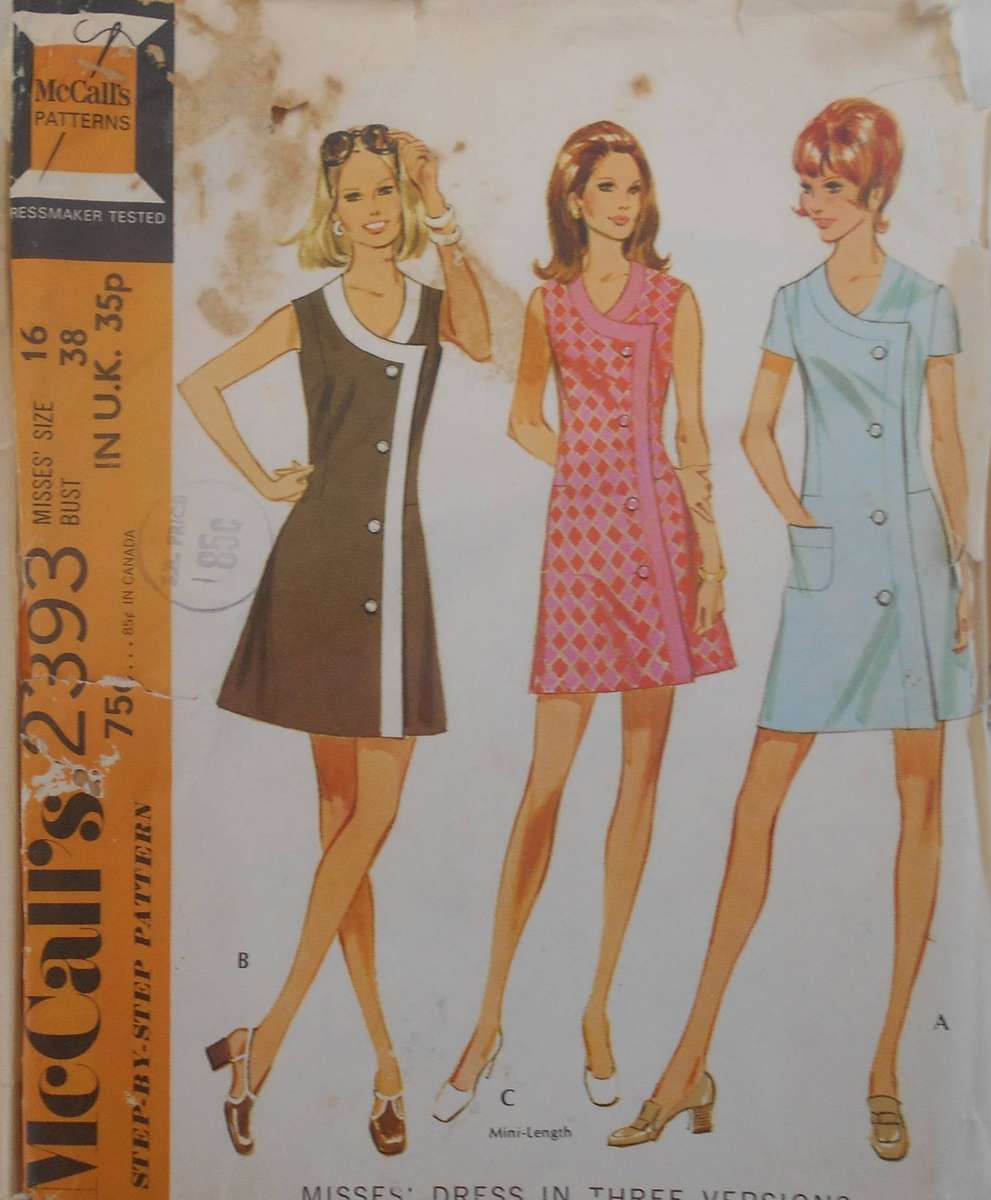 VINTAGE McCALLS 2393 DRESS IN 3 VERSIONS SIZE 16 BUST 38 COMPLETE IN ZIPLOC