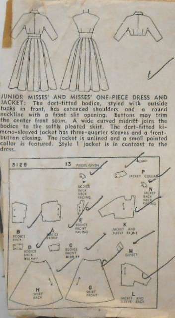 VINTAGE SIMPLICITY 3128 ONE PIECE DRESS & JACKET SIZE 12 BUST 30 COMPLETE-ZIPLOC