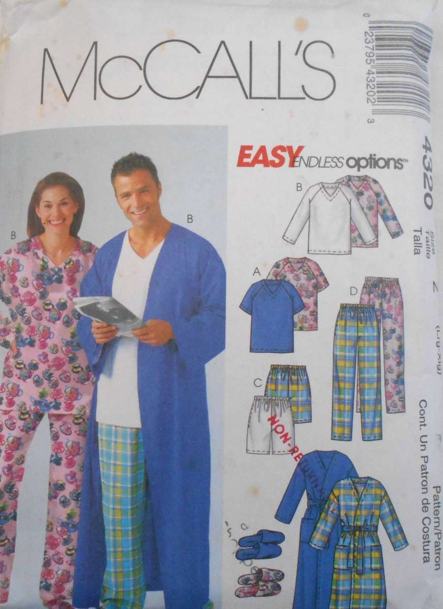 McCALLS 4320 UNISEX ROBE-TOPS-SLIPPERS SIZE L-XL - NO PANTS OR SHORTS PATTERN SUPPLIED
