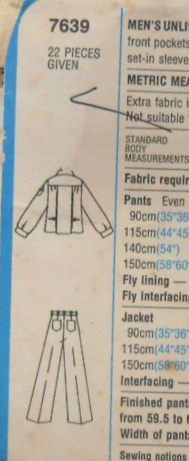 VINTAGE SIMPLICITY 7639 MENS UNLINED JACKET & PANTS SIZE 40 & 42 COMPLETE-ZIPLOC