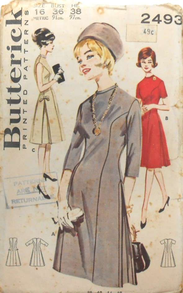 VINTAGE BUTTERICK 2493 SIDE PLEATED DRESS SIZE 16 BREAST 36 COMPLETE-UNCUT-F/FOLDED