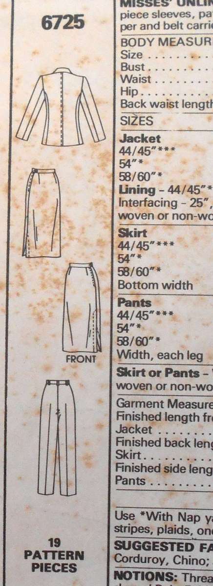McCALLS 6725 UNLINED JACKET-SKIRT-PANTS SIZE 14 BUST 36 COMPLETE