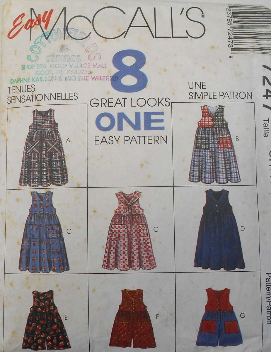 McCALLS 7247 ROMPER-PINAFORE-DETACHABLE COLLAR SIZE 7-8-10 YEARS COMPLETE CUT 8 YEARS