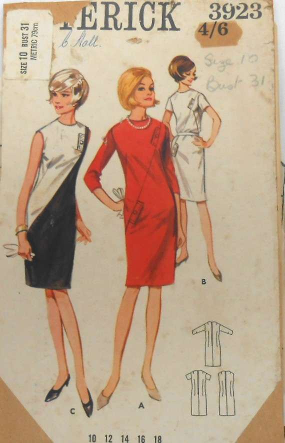 VINTAGE BUTTERICK 3923 ONE PIECE DRESS SIZE 10 BUST 31 COMPLETE-ZIPLOC